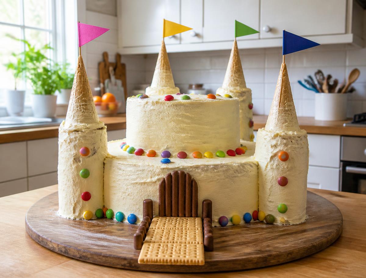 Castle Cake made together at home on a cake board