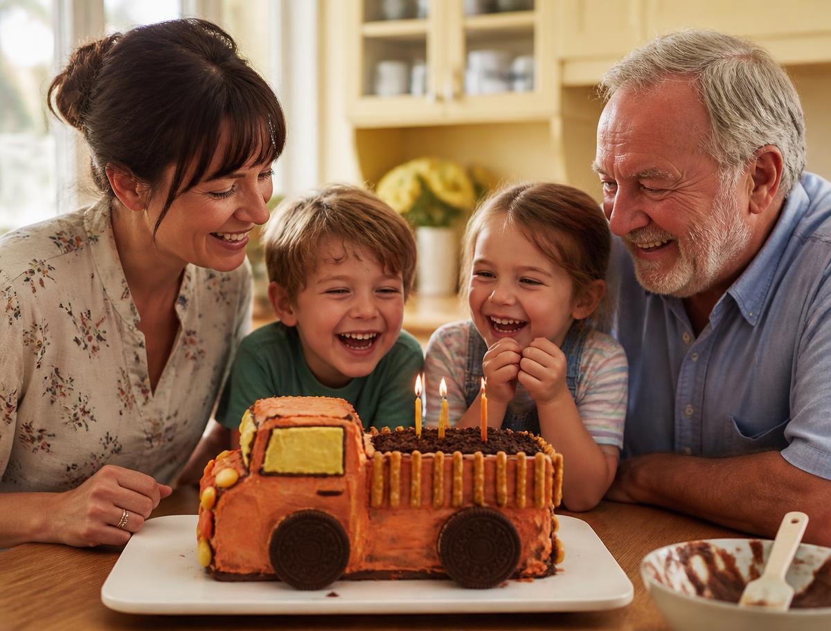 A mum, grandad and two laughing children around a homemade dump truck birthday cake with lit candles