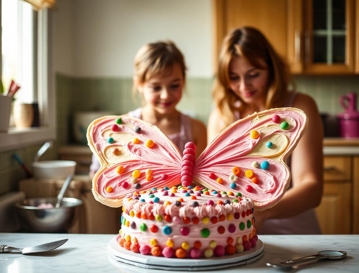 A mother and daughter making a butterfly cake with colourful frosting wings and candy spots