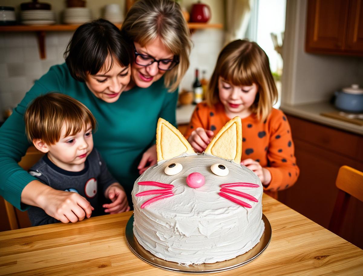A mother, grandmother and two children finishing a homemade grey buttercream cat face cake