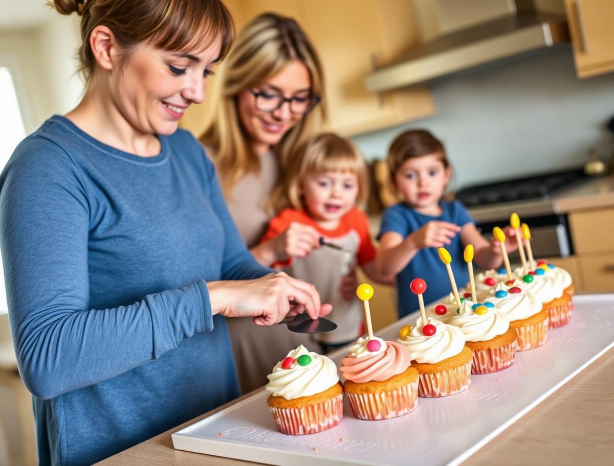 A family making a caterpillar cake from a row of cupcakes with colourful frosting