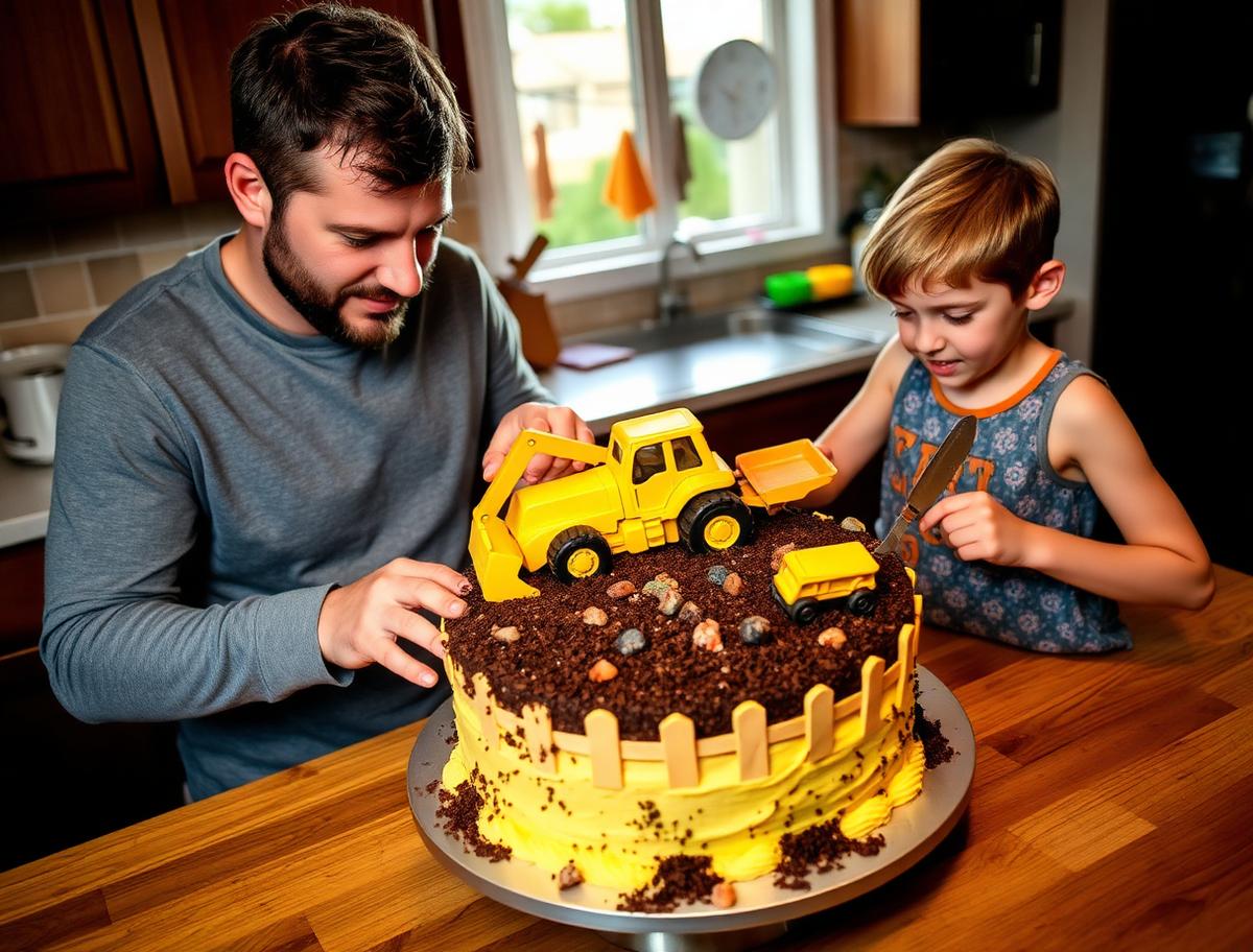 A dad and two children making a construction site cake with crushed cookie dirt and wafer fencing