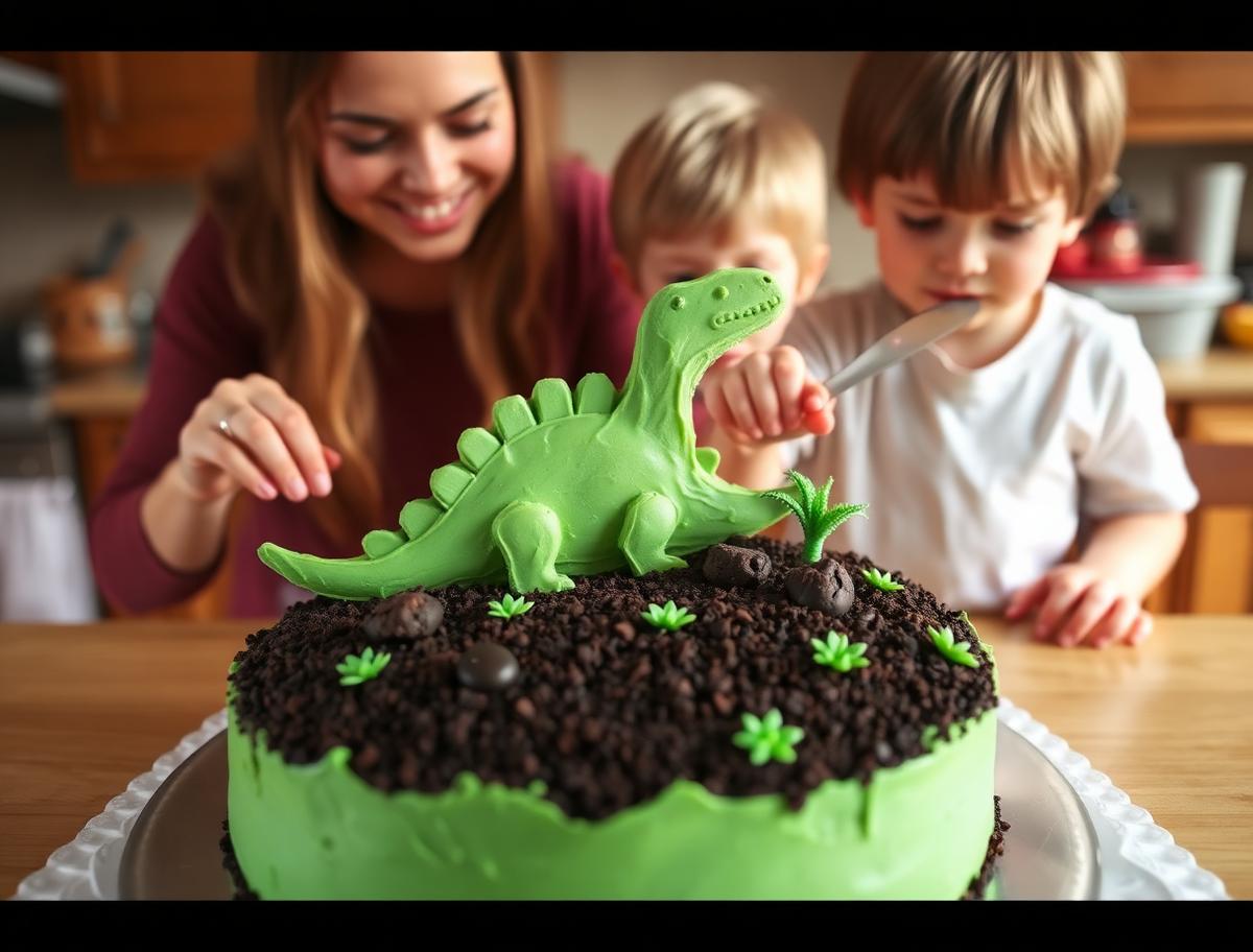 A mother and two children making a dinosaur landscape cake with cookie rocks and candy plants