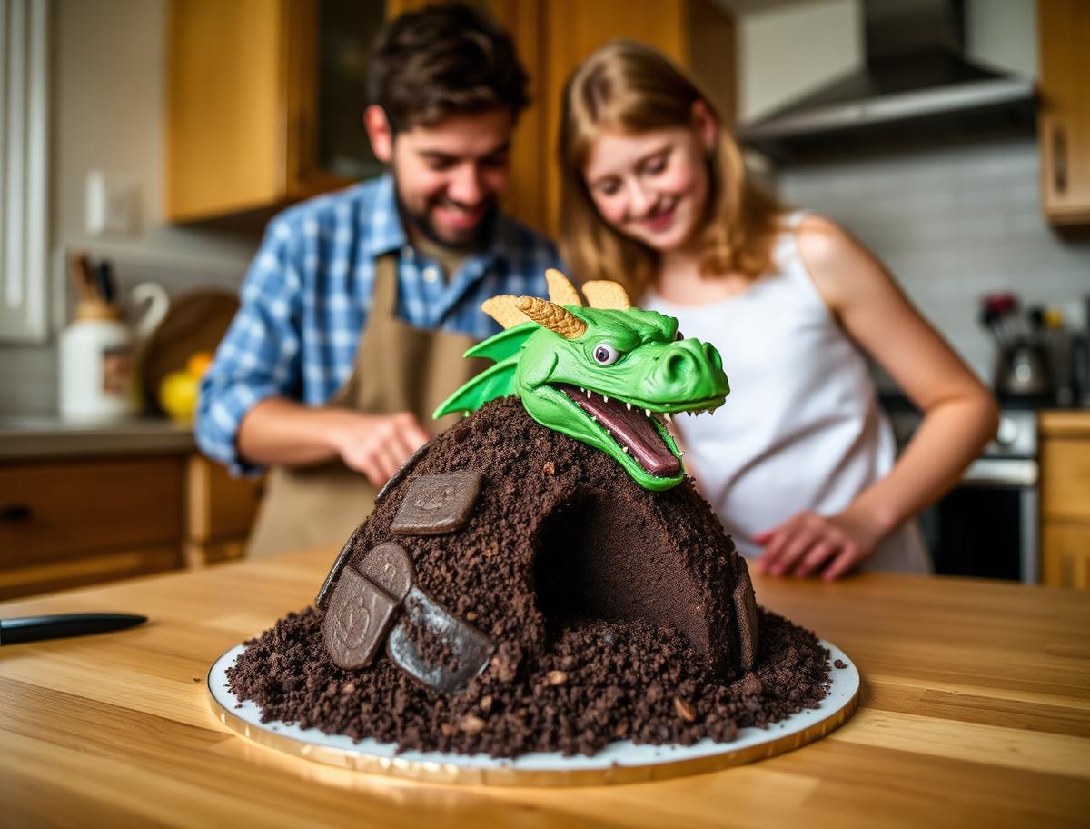 A father and daughter making a dragon cave cake with a green dragon head in a chocolate cookie cave