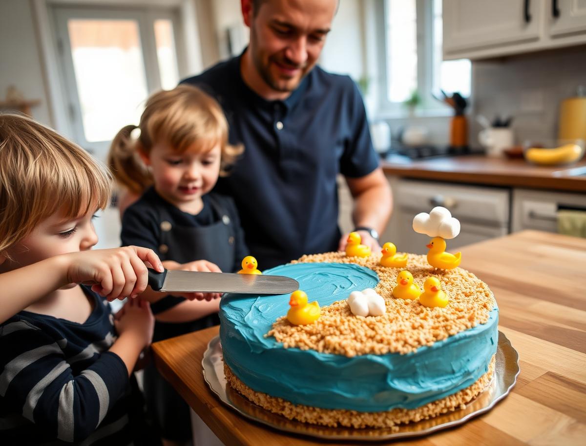 A dad and two small children making a duck pond cake with blue frosting and marshmallow clouds