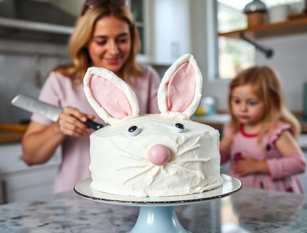 A mother and daughter making an Easter bunny cake with marshmallow ears