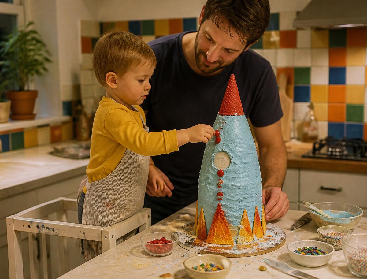 A father and toddler pressing candy buttons onto a pale blue buttercream rocket cake