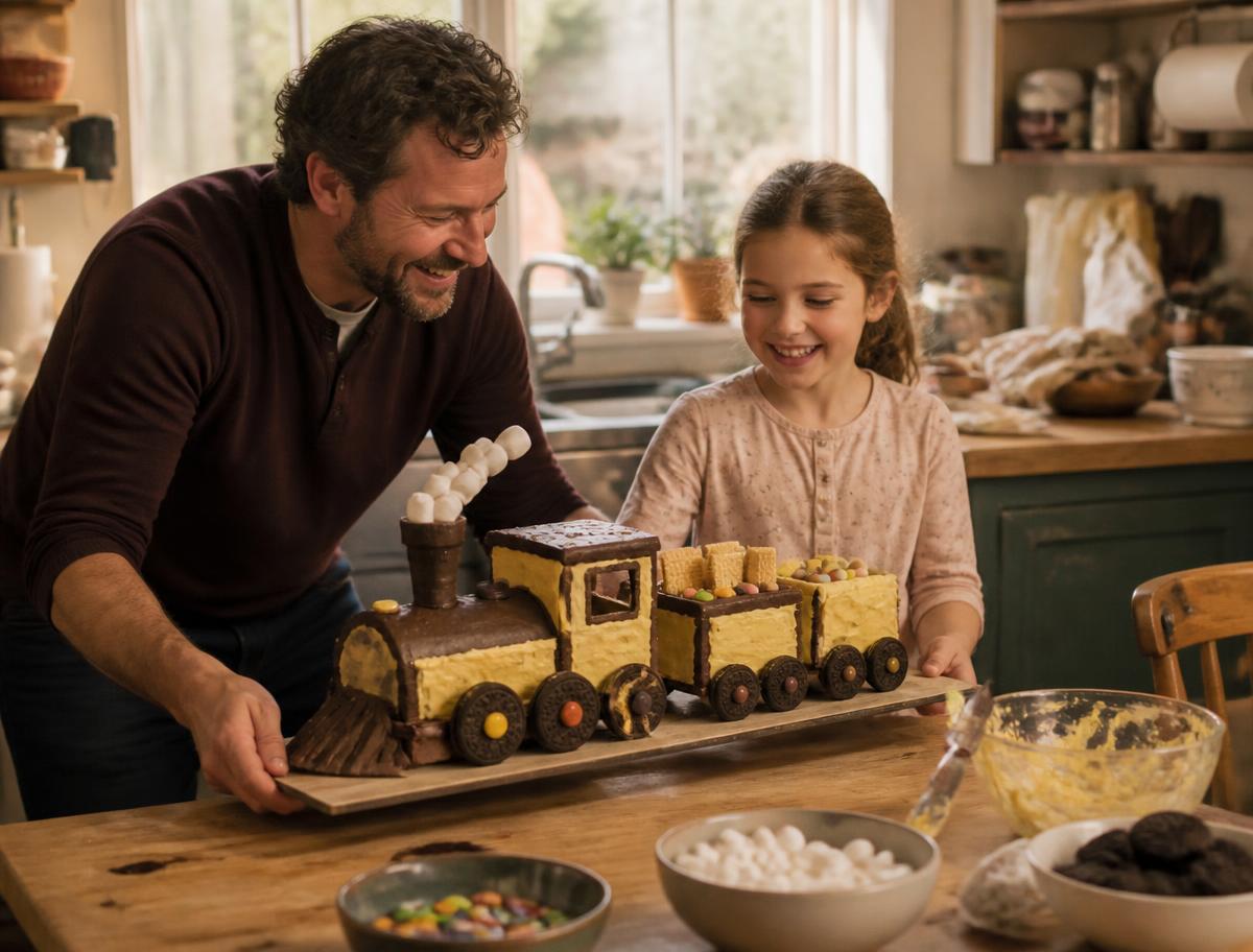 A father and daughter carrying a homemade buttercream train cake on a board