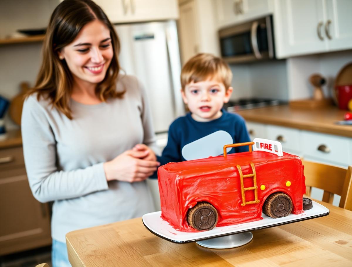 A mother and son beside a homemade red buttercream fire truck cake with cookie wheels and a pretzel ladder
