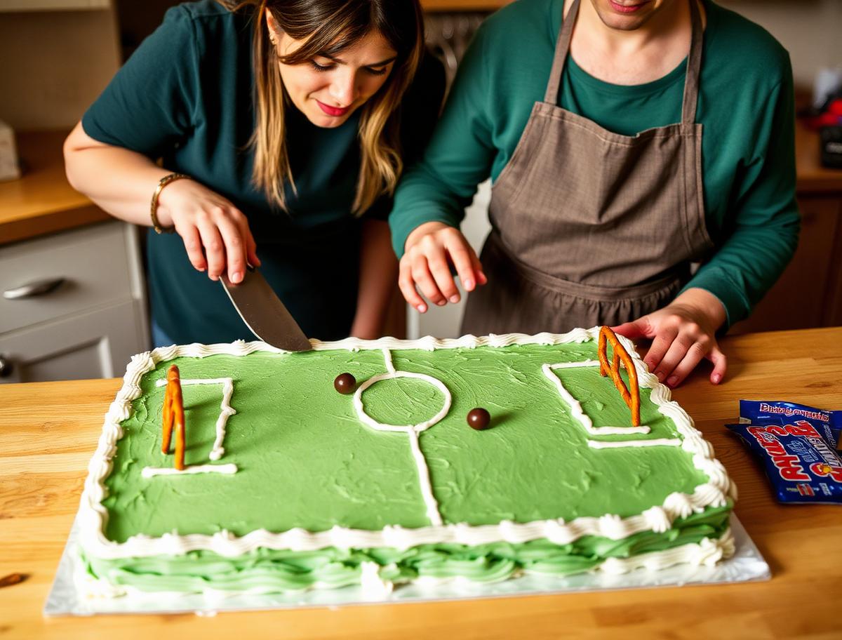 A mum and son making a homemade football pitch cake with green frosting and pretzel goalposts