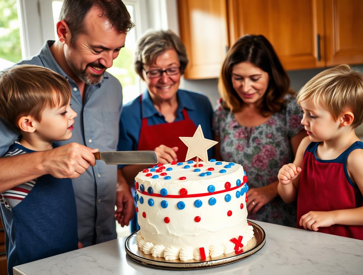 A family decorating a red, white and blue Fourth of July cake with candy buttons