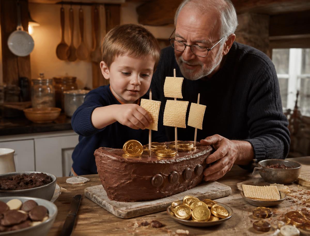 A grandfather and grandson putting wafer sails on a chocolate buttercream pirate ship cake