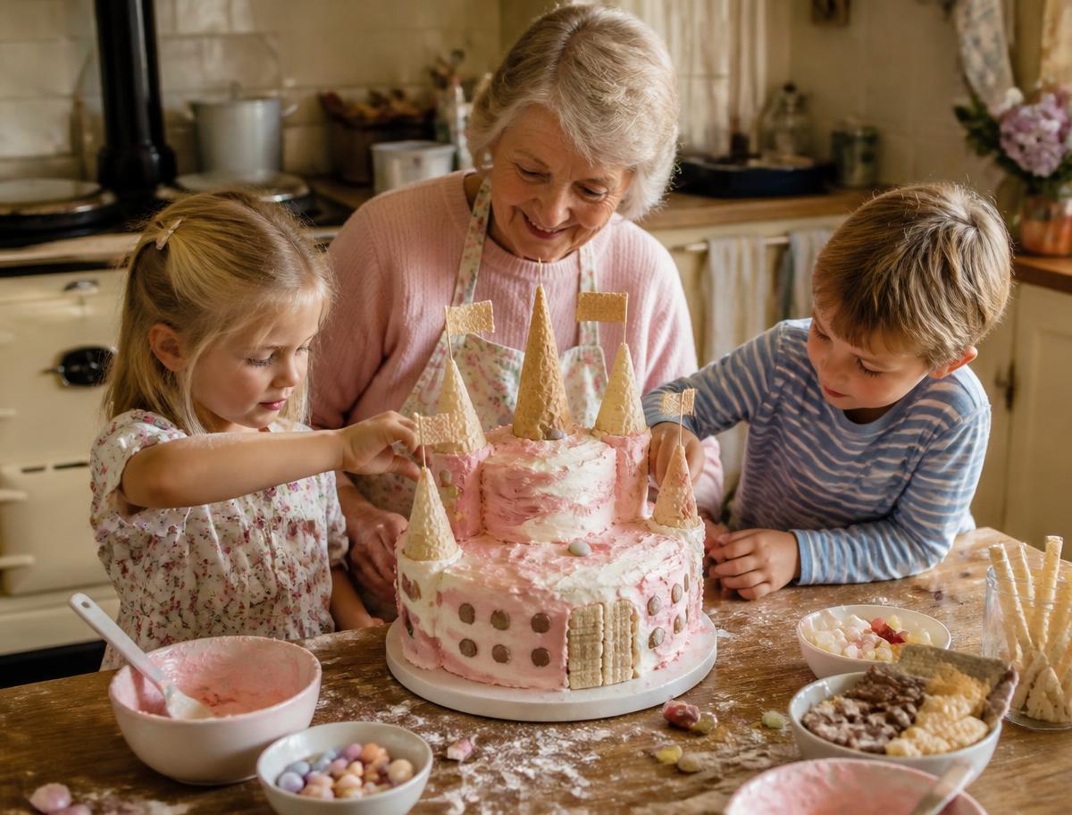 A grandmother and two grandchildren decorating a pink buttercream castle cake with cone turrets