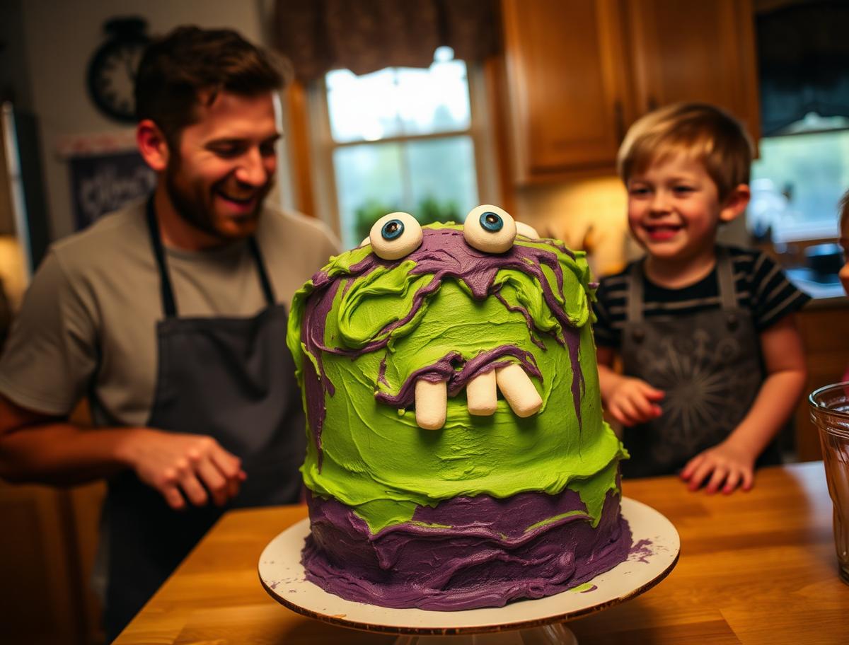 A dad and son laughing at a goofy Halloween monster cake with uneven candy eyes