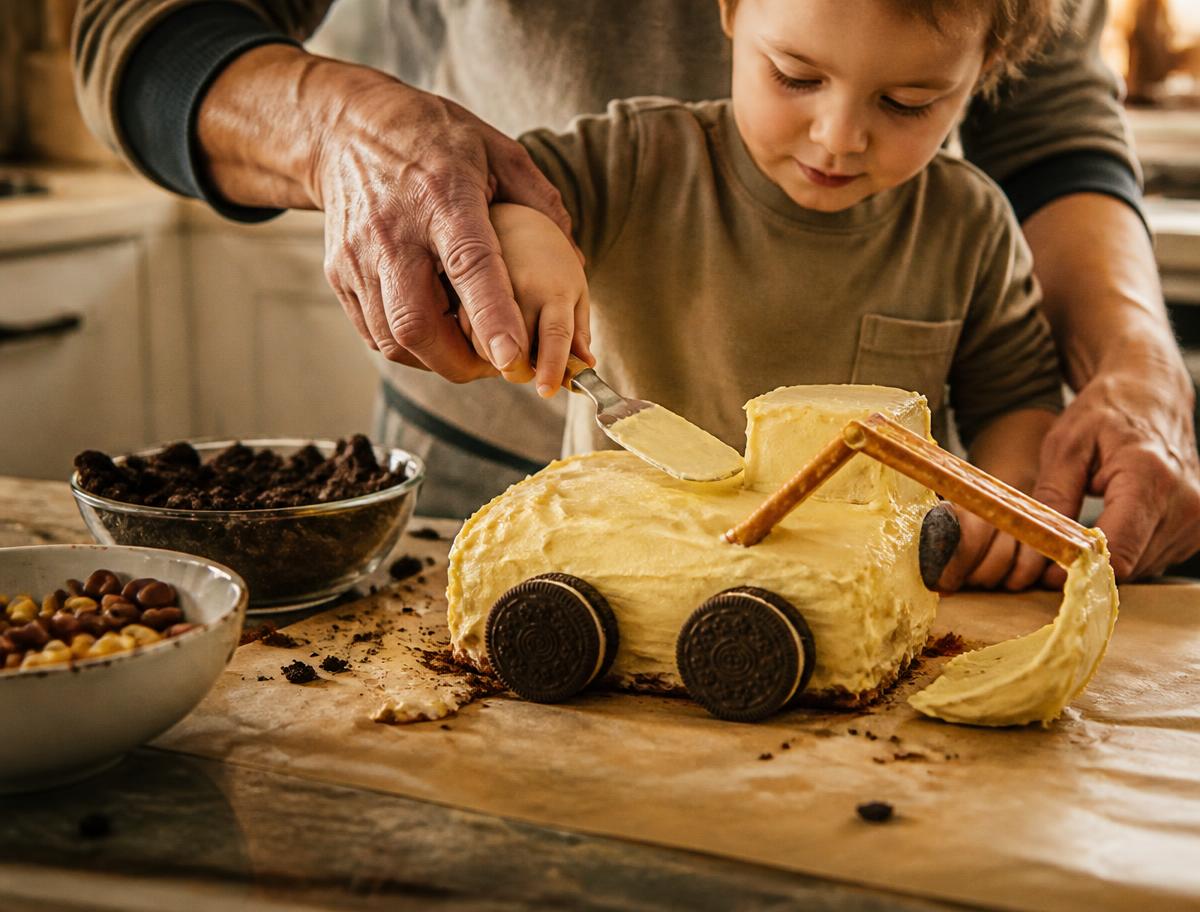 A grandfather's hands guiding a child's hands to spread buttercream on a digger cake
