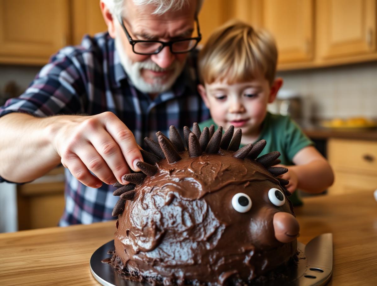 A grandfather and grandson pressing chocolate cookie spikes into a hedgehog cake