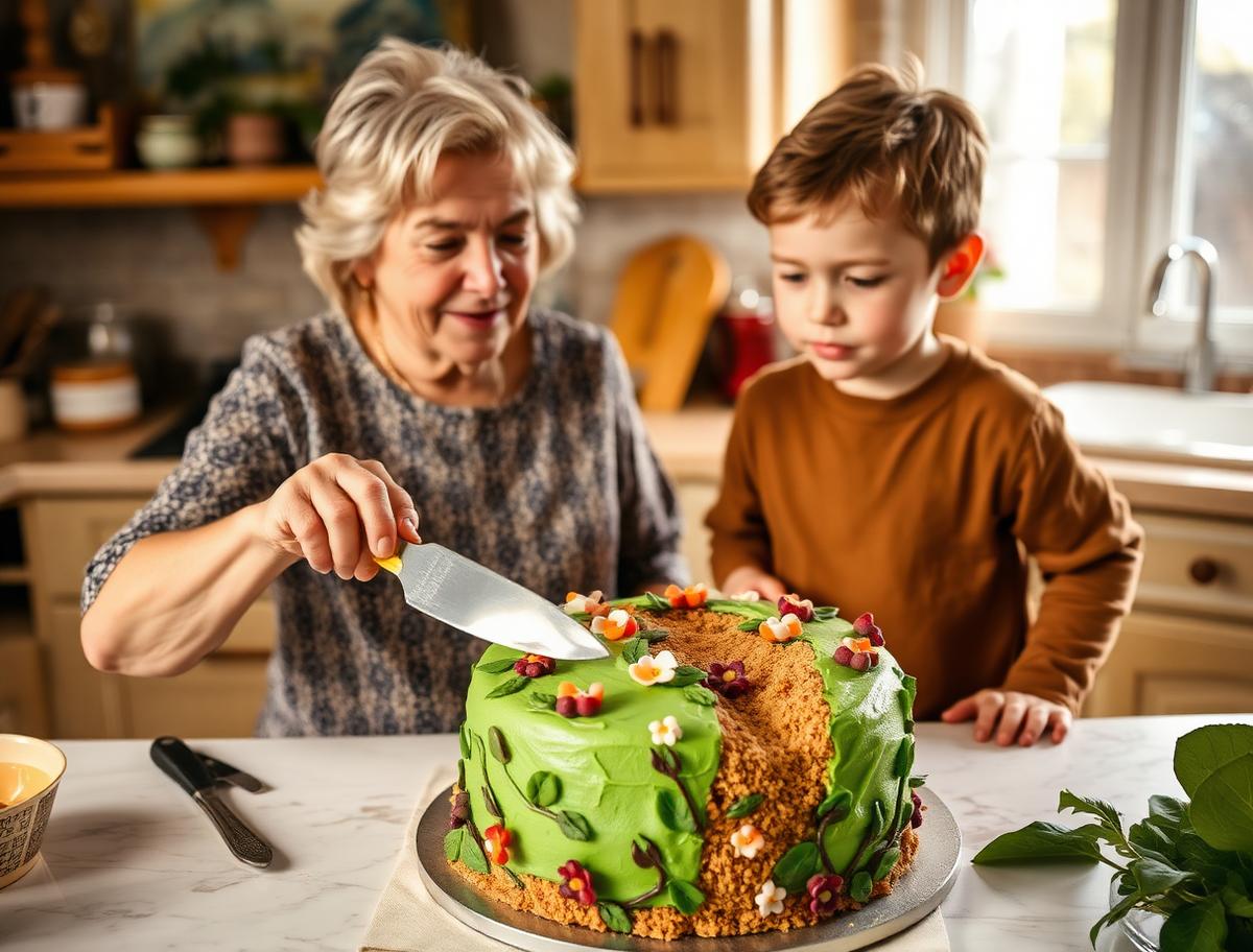 A grandmother and grandson making a jungle cake with green frosting vines and candy flowers