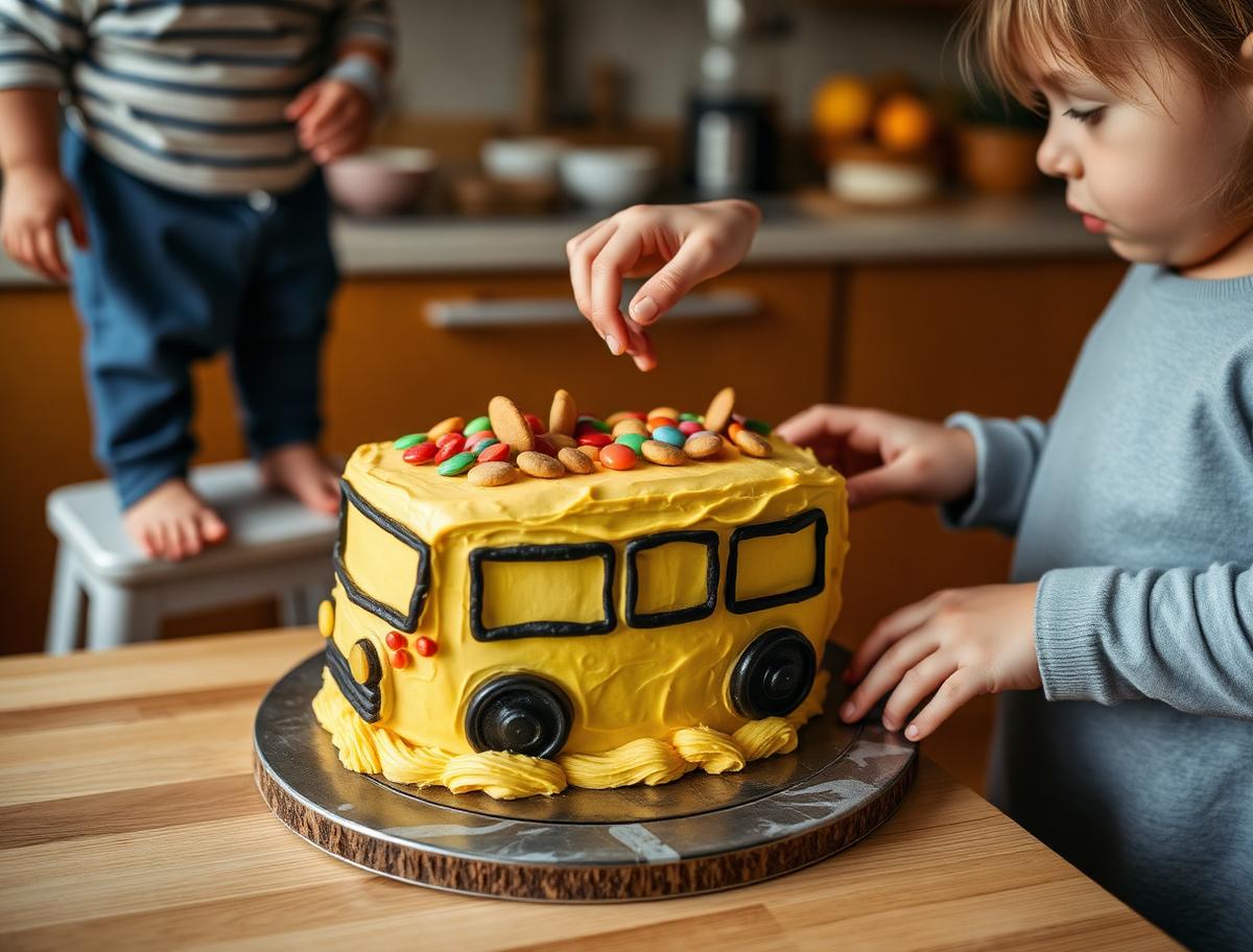 Two small children pressing candy buttons onto a homemade yellow bus cake