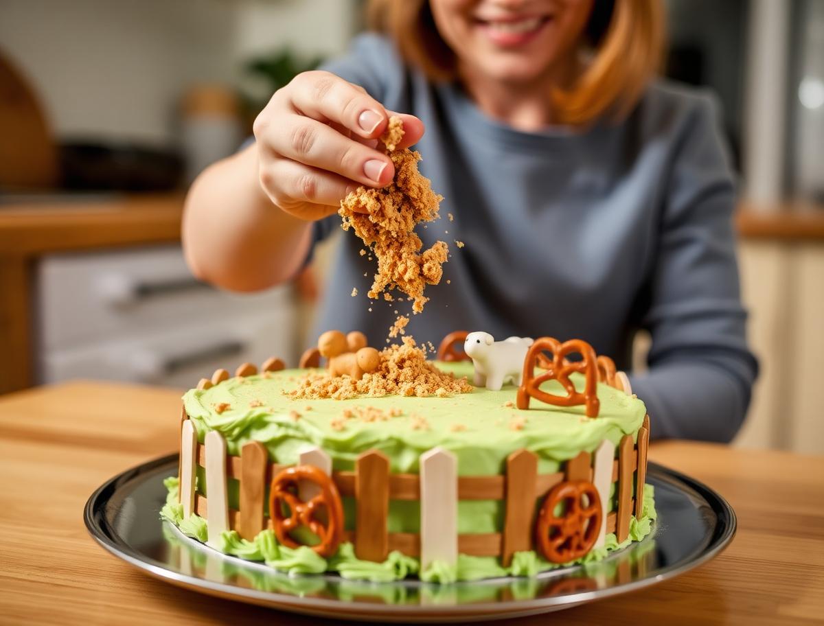 A toddler sprinkling biscuit crumbs onto a homemade farmyard cake with a pretzel fence