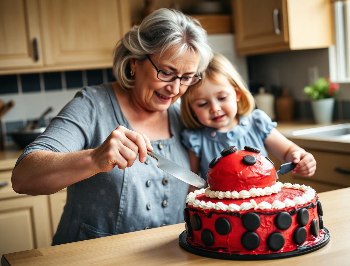 A grandmother and granddaughter making a red buttercream ladybug cake with chocolate spots