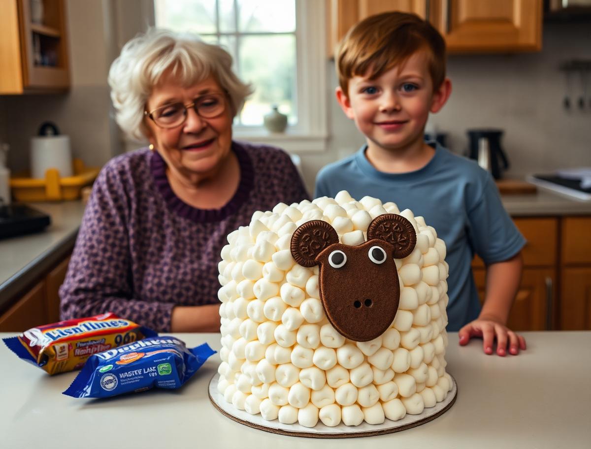 A grandmother and grandson beside a homemade sheep cake covered in mini marshmallows