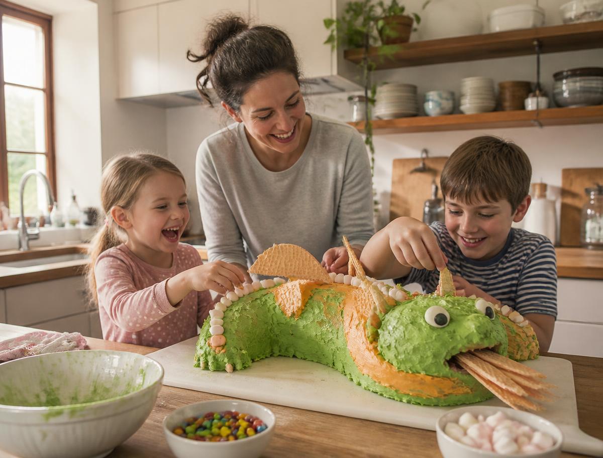 A mother and two children laughing while finishing a green and orange buttercream dragon cake