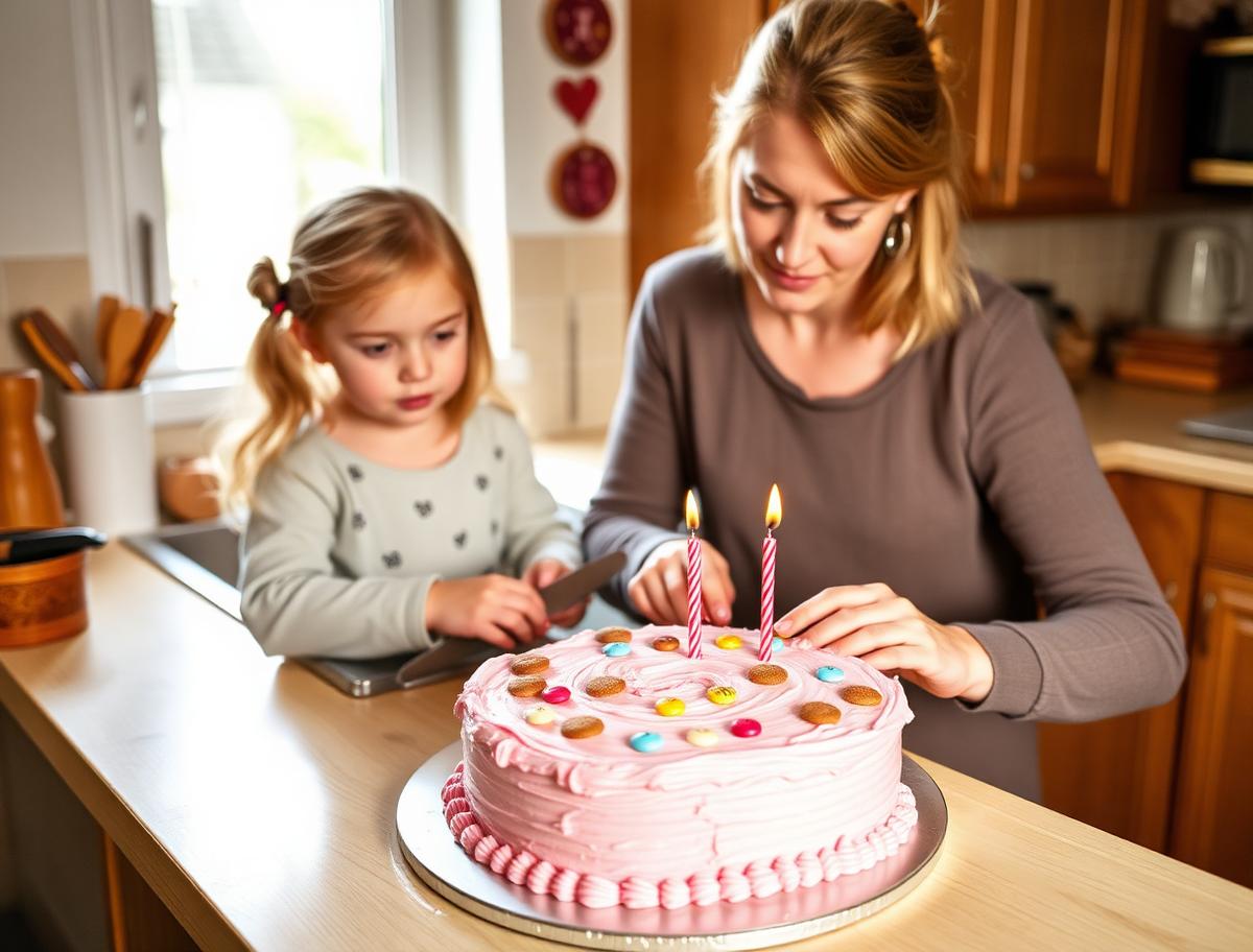 A mum and daughter finishing a homemade pink buttercream birthday cake with candy buttons and candles