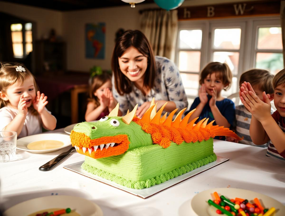 A mum and children clapping around a large homemade buttercream dragon cake at a party table