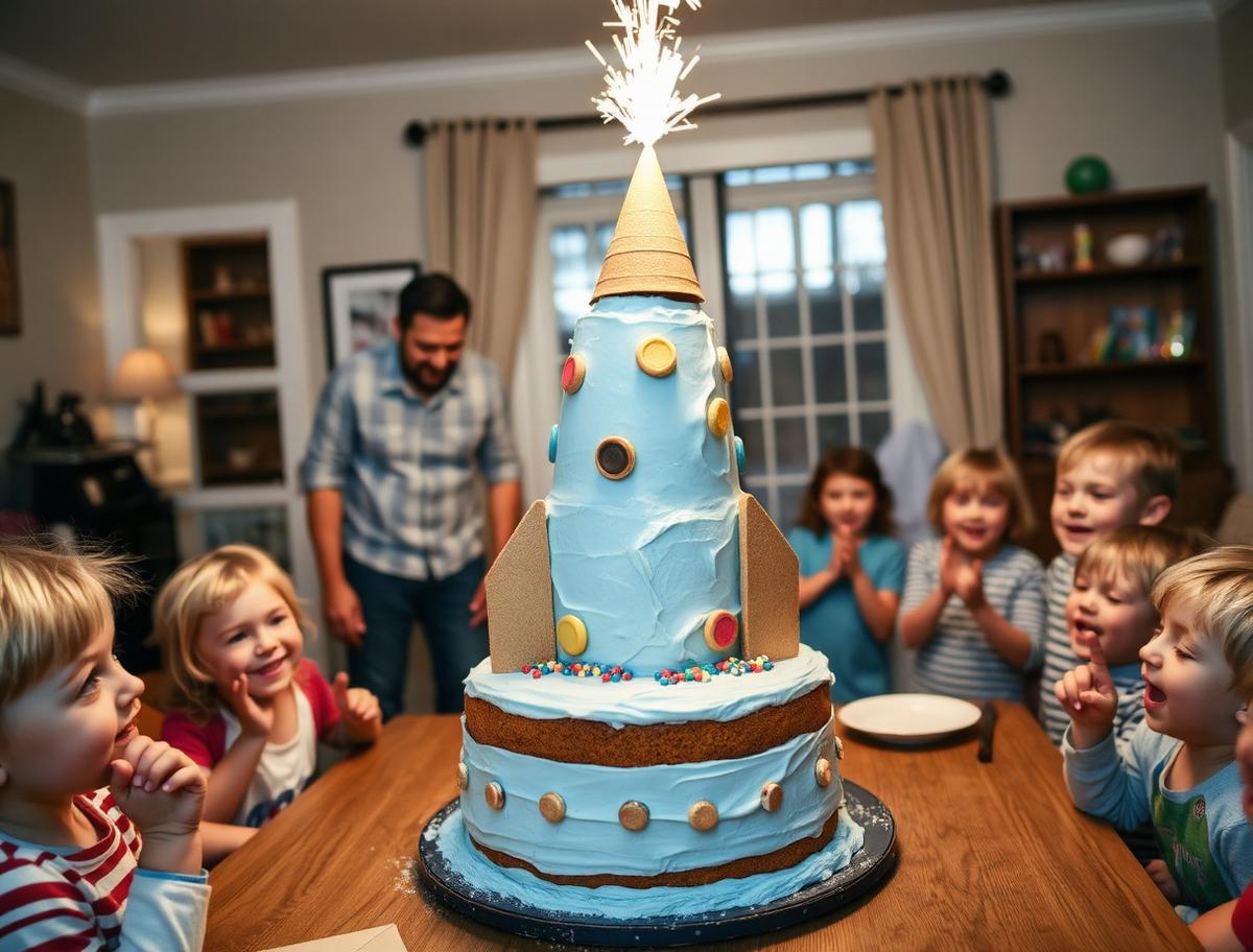 A family carrying in a tall homemade rocket cake with a sparkler at a children's party