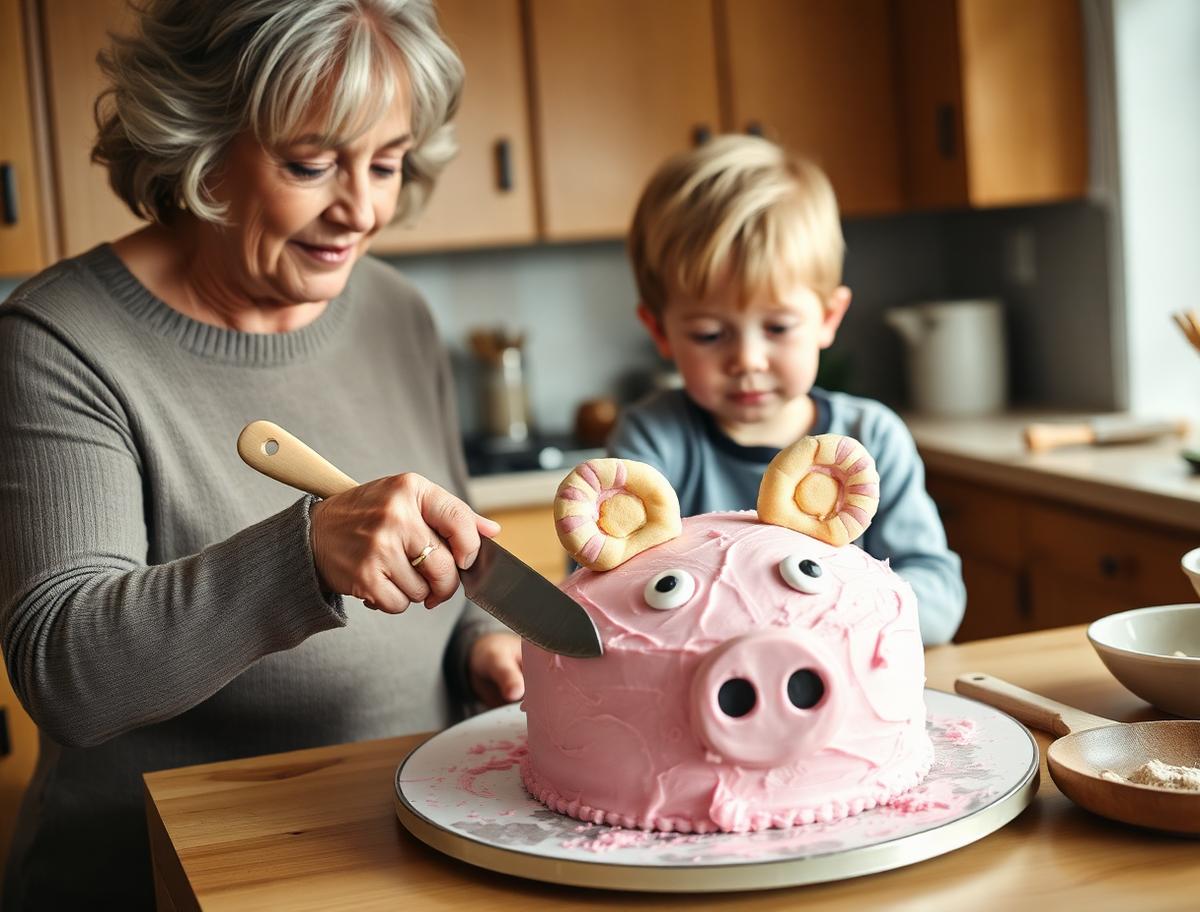 A grandmother and grandson decorating a pink buttercream pig cake with cookie ears