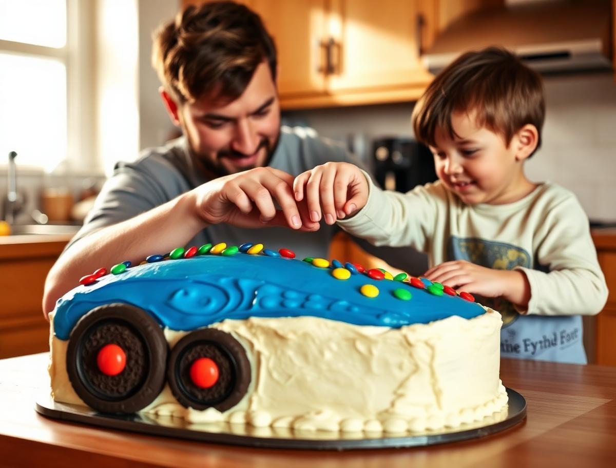 A father and son pressing candy buttons onto a homemade race car cake