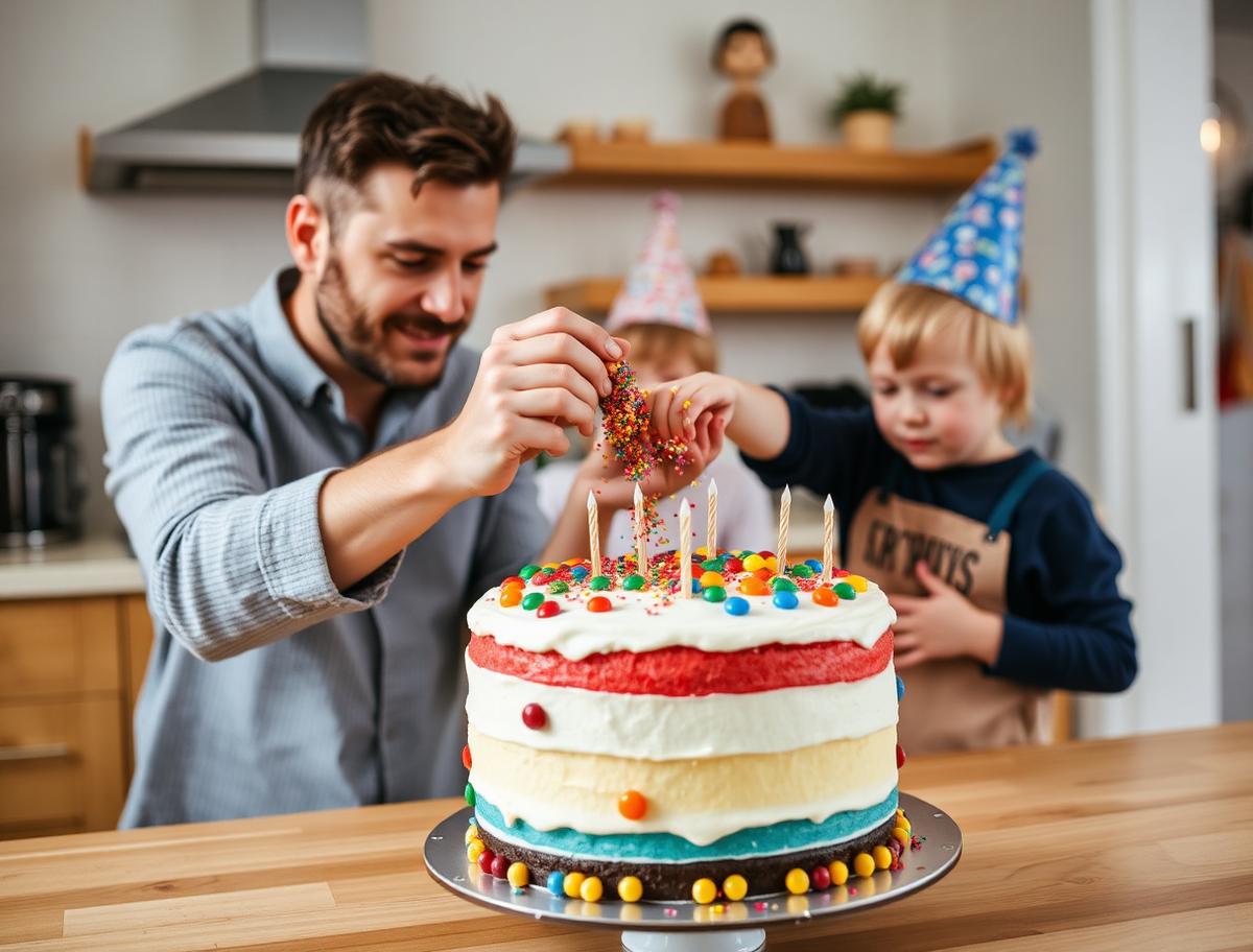 A dad and two children in party hats adding sprinkles to a homemade rainbow layer birthday cake