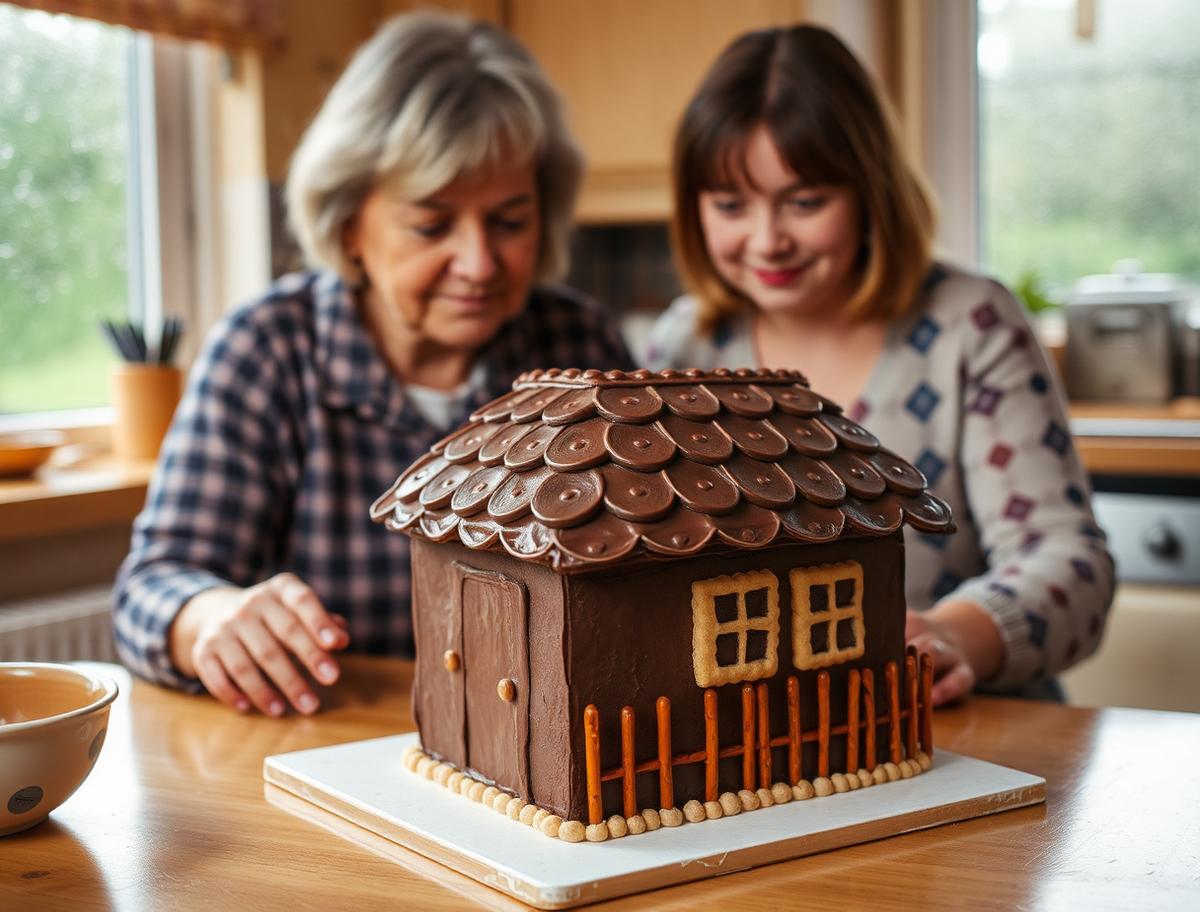 A grandmother and granddaughter making a homemade cottage cake with chocolate biscuit roof tiles