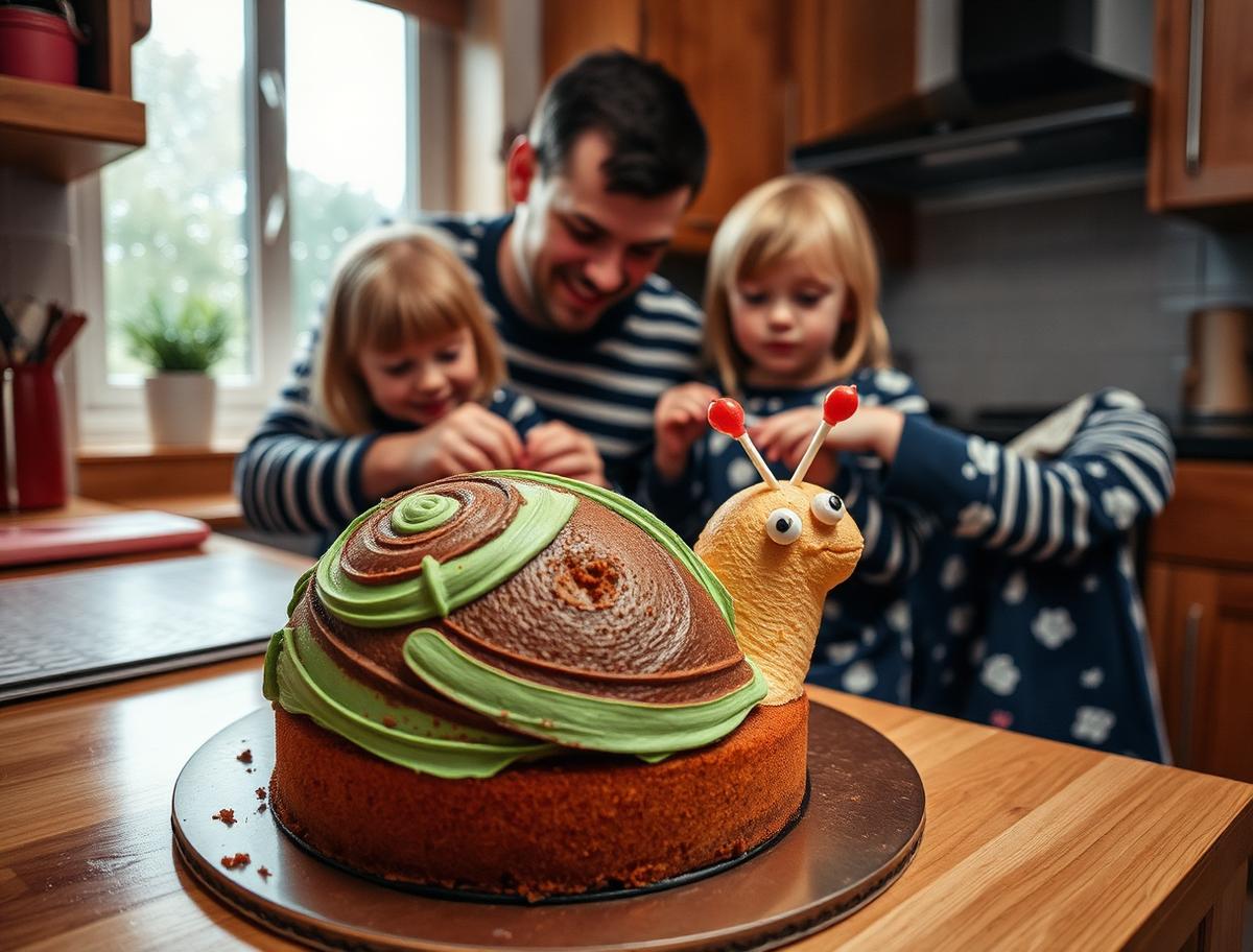A dad and two children in pyjamas decorating a homemade snail cake on a rainy day