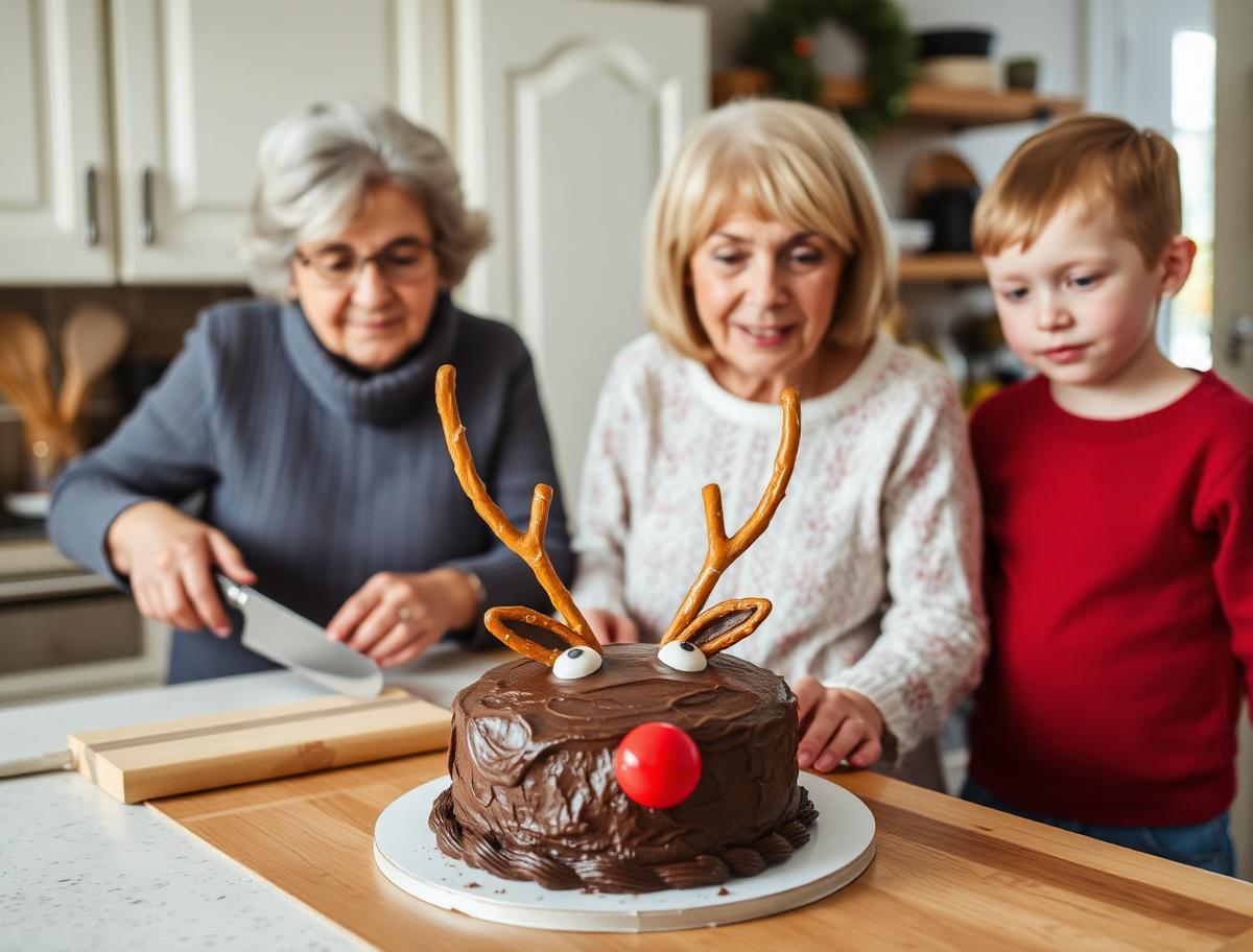 A grandmother and grandchildren making a chocolate reindeer cake with pretzel antlers