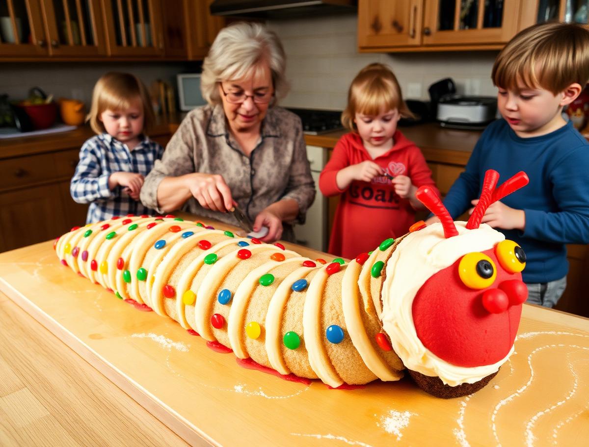 A grandmother and four grandchildren decorating a long homemade caterpillar cake with candy buttons