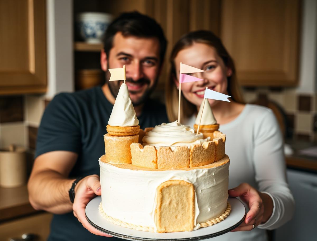 A father and daughter holding a homemade castle cake with ice cream cone turrets and paper flags