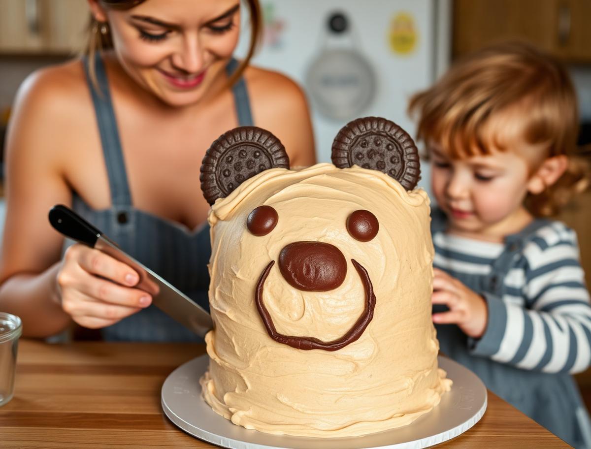A mother and toddler making a teddy bear face cake with cookie ears and candy eyes