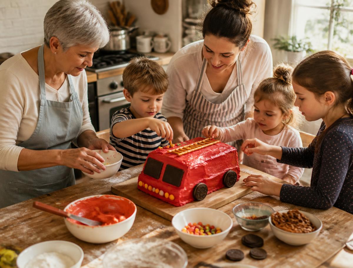 A grandmother, mother and three children decorating a red buttercream fire engine cake together