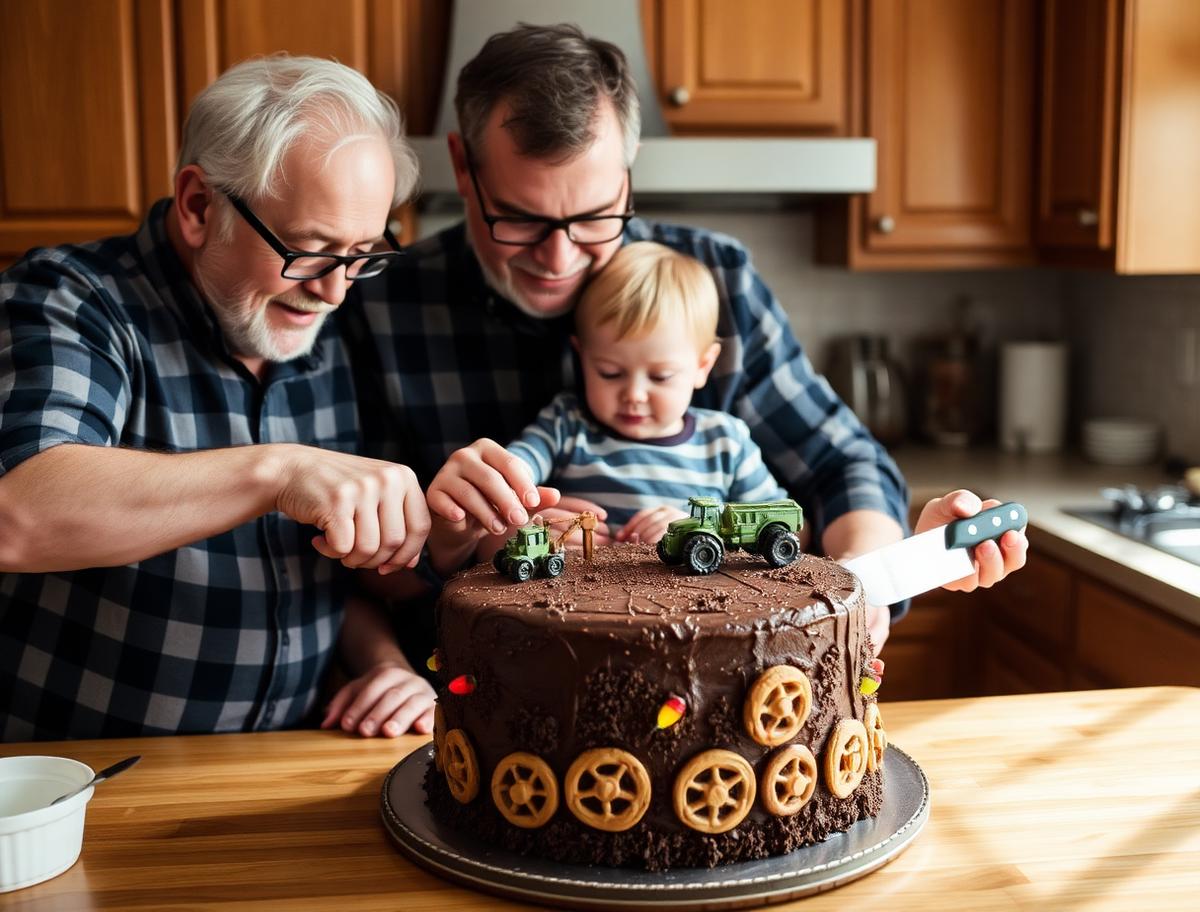 A grandad, dad and toddler decorating a homemade chocolate tractor cake with biscuit wheels