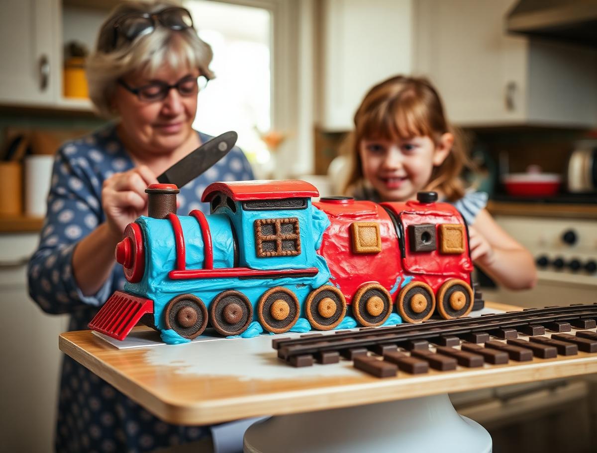 A grandmother and granddaughter finishing a homemade train cake with cookie wheels and a chocolate stick track
