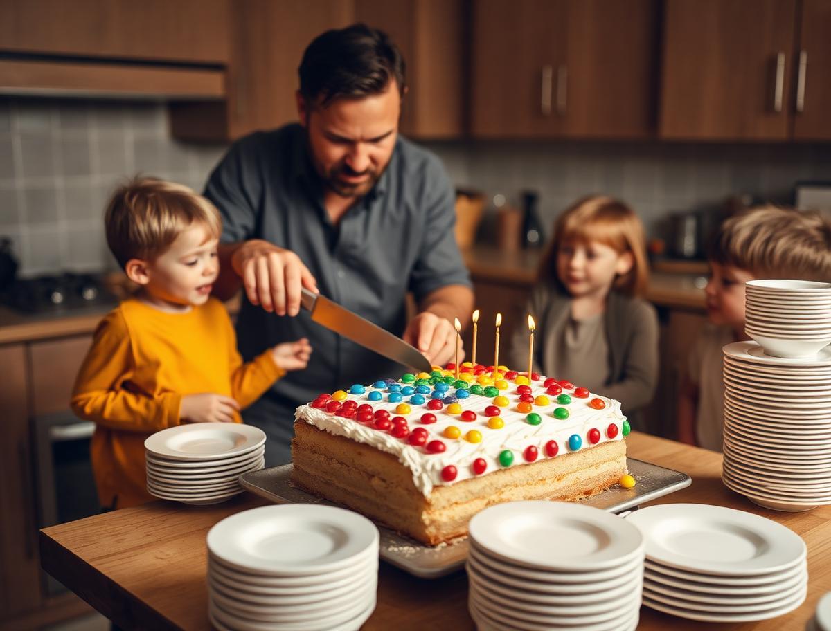 A dad and children cutting a big homemade traybake birthday cake with candy buttons