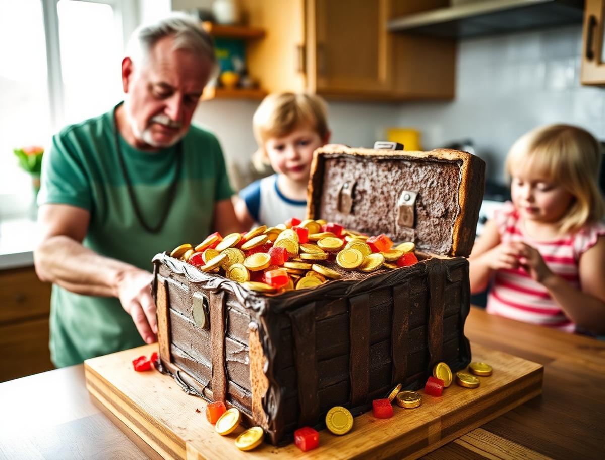 A grandfather and two grandchildren filling a chocolate treasure chest cake with gold candy coins