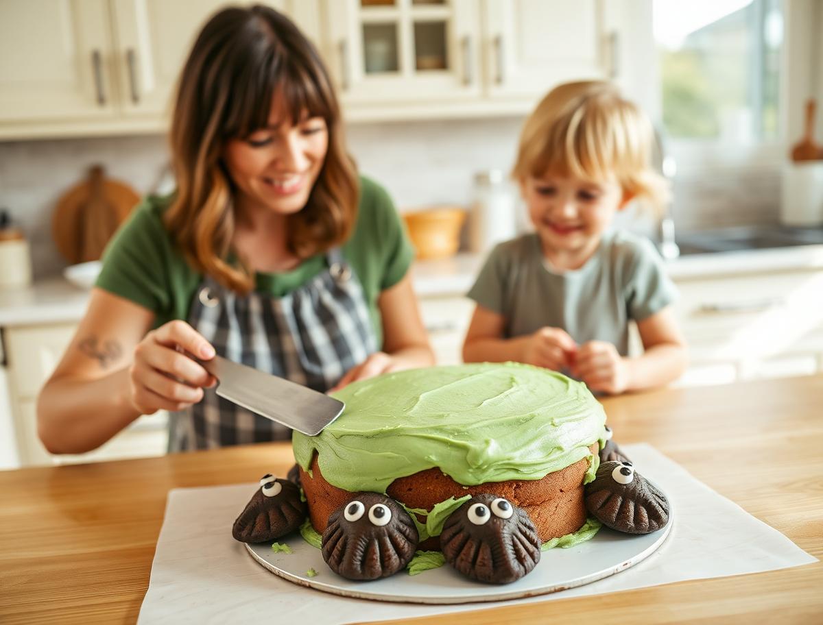 A mother and two children making a turtle cake with a green buttercream shell and chocolate cookie plates