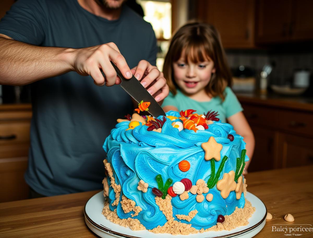 A father and daughter decorating a blue buttercream underwater reef cake with candy fish