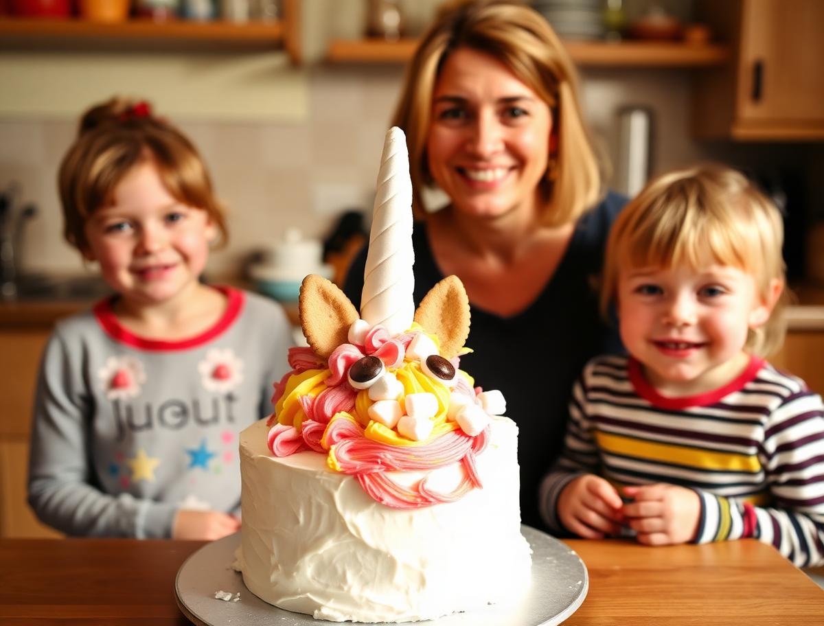 A mum and two children beside a homemade unicorn cake with an ice cream cone horn and frosting mane