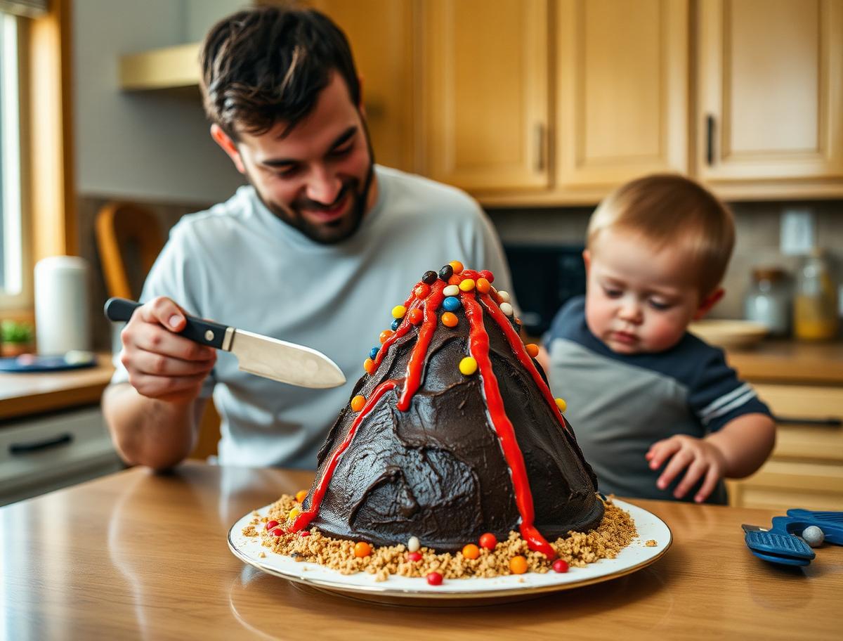 A dad and toddler making a chocolate volcano cake with red candy lava running down one side