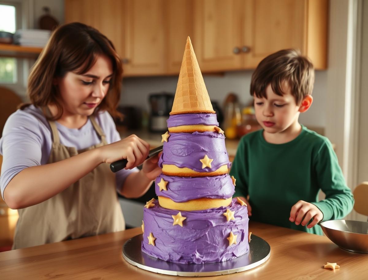 A mother and son building a purple buttercream wizard tower cake with wafer turrets and candy stars