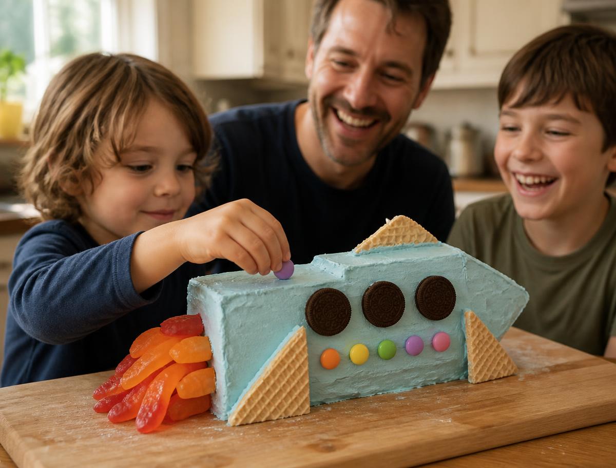 A child's hand pressing a candy button onto a pale blue buttercream rocket cake