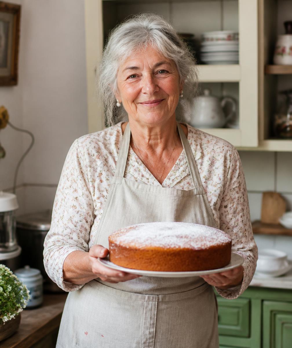 Julia in her kitchen, holding a homemade sponge cake